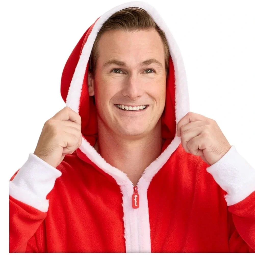 Tipsy Elves Mens Santa Claus Hooded Onesie Jumpsuit Red Fleece Christmas Large - Picture 6 of 7